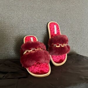 Tahari Red Fur Slippers with Gold Accent
